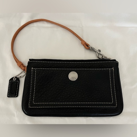 Coach Handbags - NWOT Coach Black Pebbled Leather Wristlet w/White Stitching; Approx 7” x 4”
